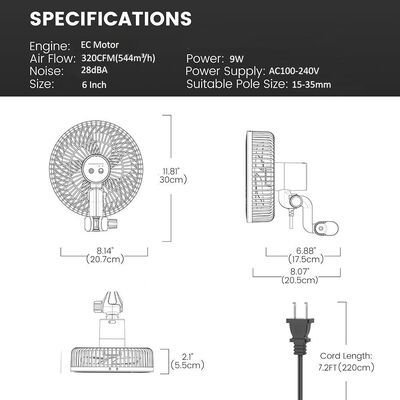 6 Inch EC Motor Clip on Fan 10 Speeds Powerful Sart Oscillating Fan for Hydroponics Grow Kit Ventilation Circulation