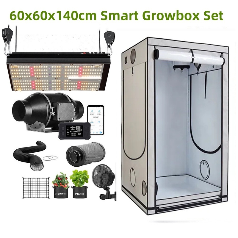 Smart Grow Zelt Komplett Kit 80x80x180cm 1680D White PE Plant Tent Samsung LED Lamp UV IR with WIFI APP Inline Duct Fan
